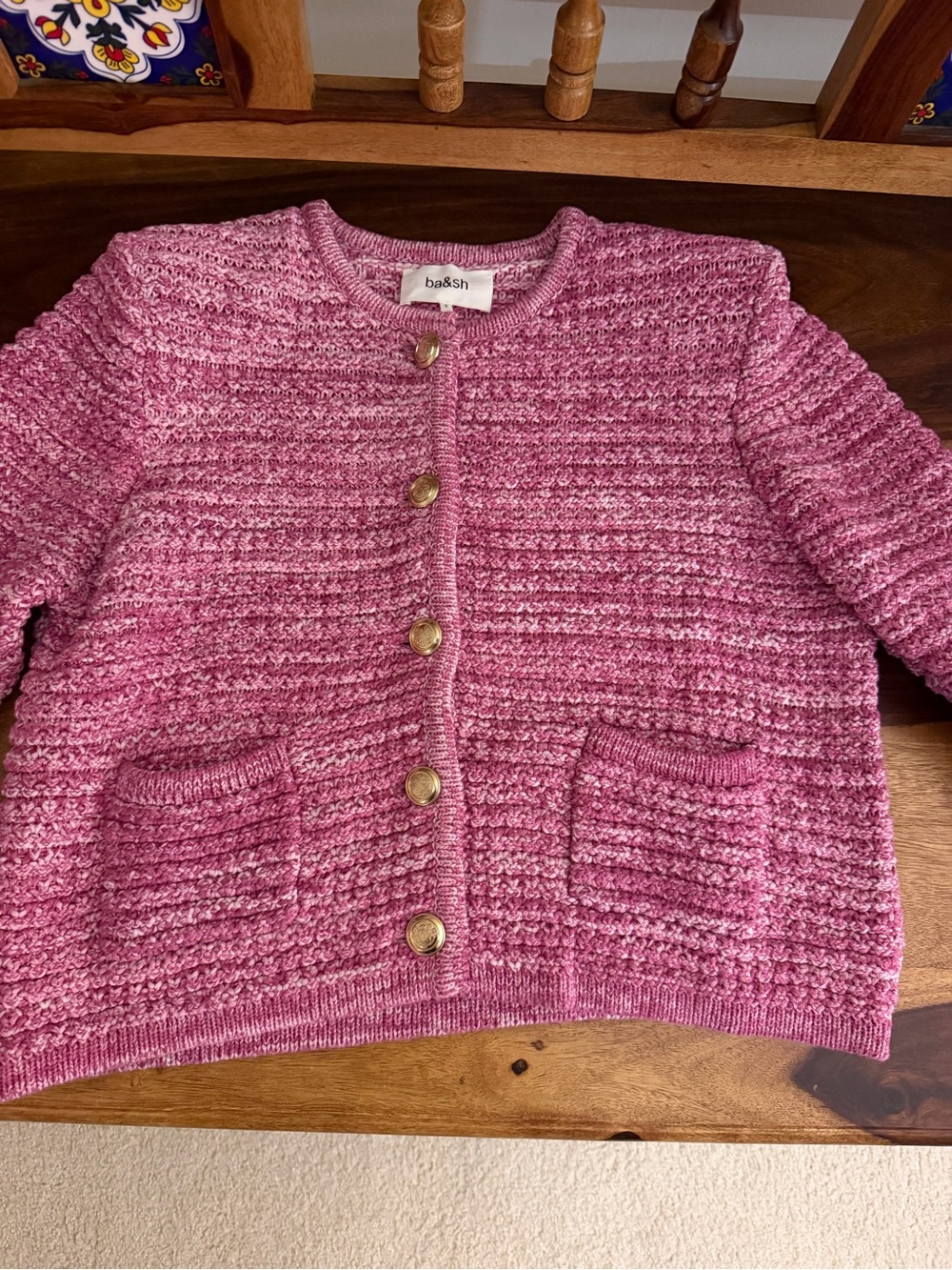 ba&sh Pink Bouclé Button-Front Cardigan Jacket - Picture 2 of 7